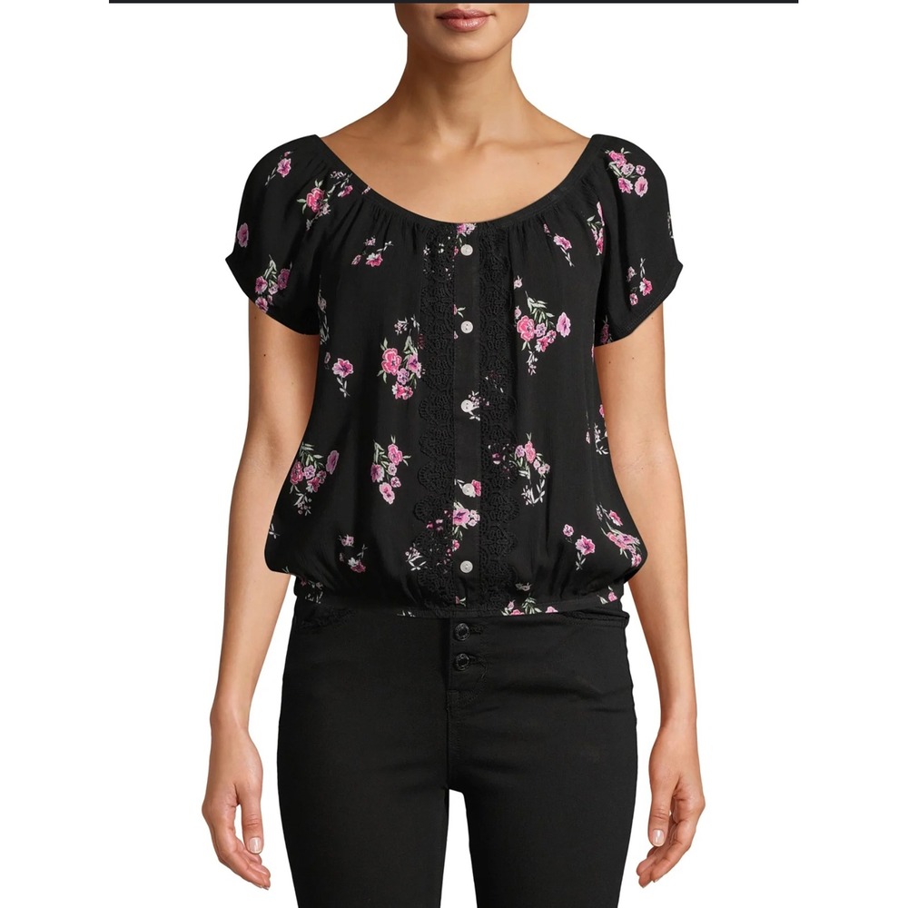No Boundaries Girls Black Floral Button Front‎ Top - Size M (7-9)